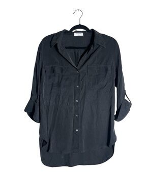 Babaton Aritzia Black Tencel Blouse Womens M Button Front Roll Tab